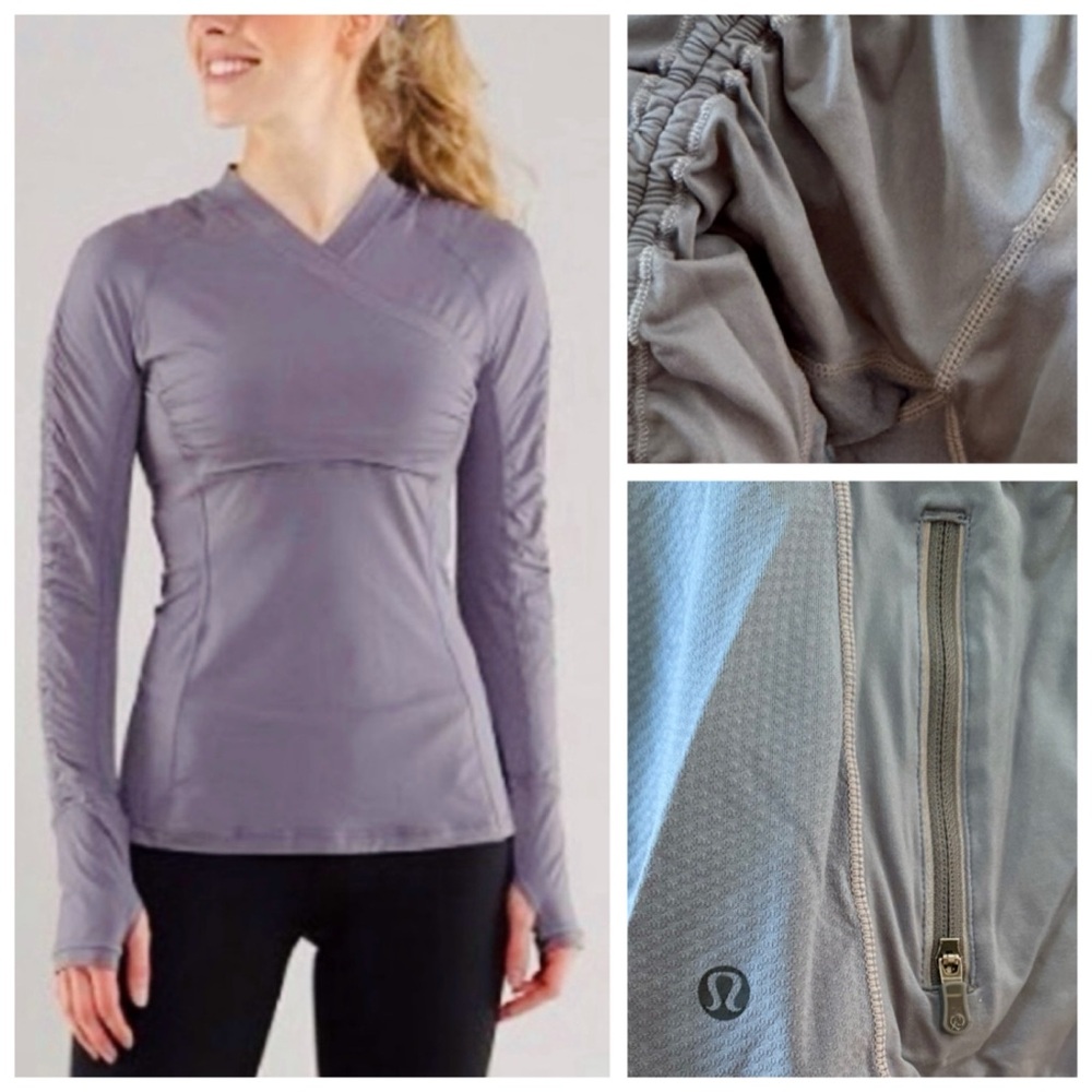 Lululemon Athletica Run: Sunbeam Ruched Long Sleeve Pullover, Stony Grey sz. 2